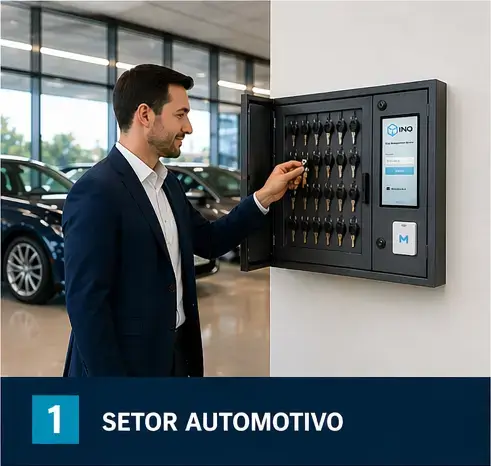 Claviculário inteligente no setor automotivo — profissional retirando chave de veículo em concessionária