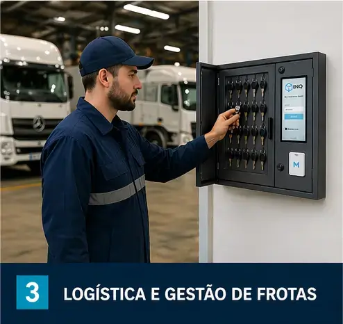 Claviculário inteligente para logística e gestão de frotas — operador acessando chaves de caminhões em pátio