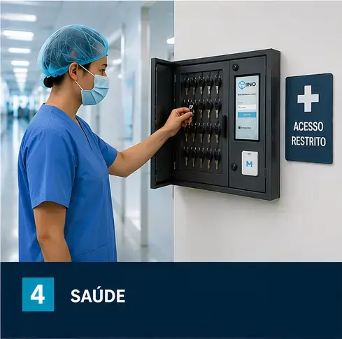 Claviculário inteligente na área da saúde — profissional de enfermagem acessando chaves em área restrita de hospital