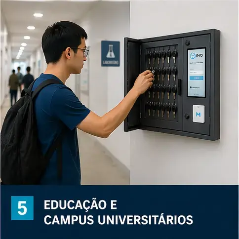 Claviculário inteligente em campus universitário — estudante utilizando sistema de controle de chaves em instituição de ensino
