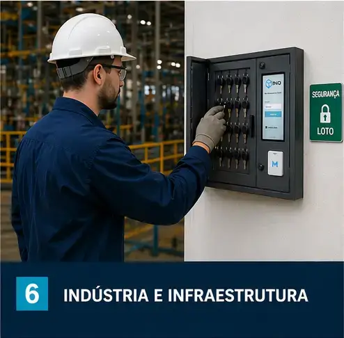 Claviculário inteligente na indústria e infraestrutura — operador com capacete acessando chaves em ambiente industrial